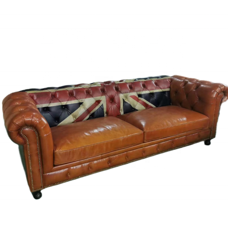 retro genuine leather union jack chesterfield sofa British flag back luxury classic 3 seater sofa for hotel VIP room guest room