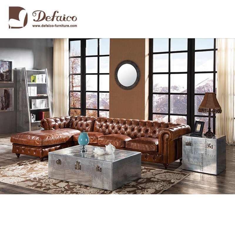 Vintage Leather Brown Chesterfield Sofa Set L Shape Corner Sofa For Living Room