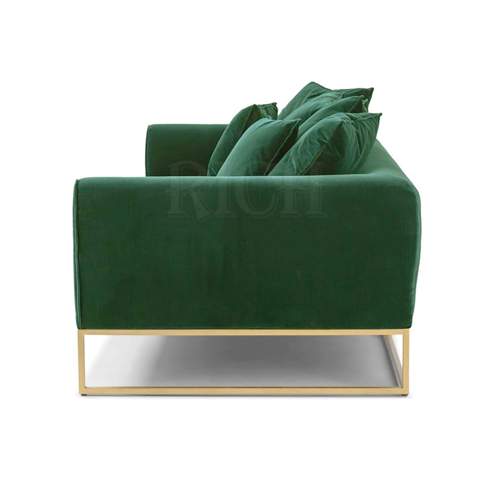 European Style Modern Golden Stainless Steel Legs Couch Sofa Beauty Salon Sofa Green Fabric Velvet Living Room Sofa