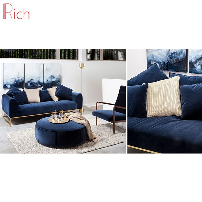 European Style Modern Golden Stainless Steel Legs Couch Sofa Beauty Salon Sofa Green Fabric Velvet Living Room Sofa