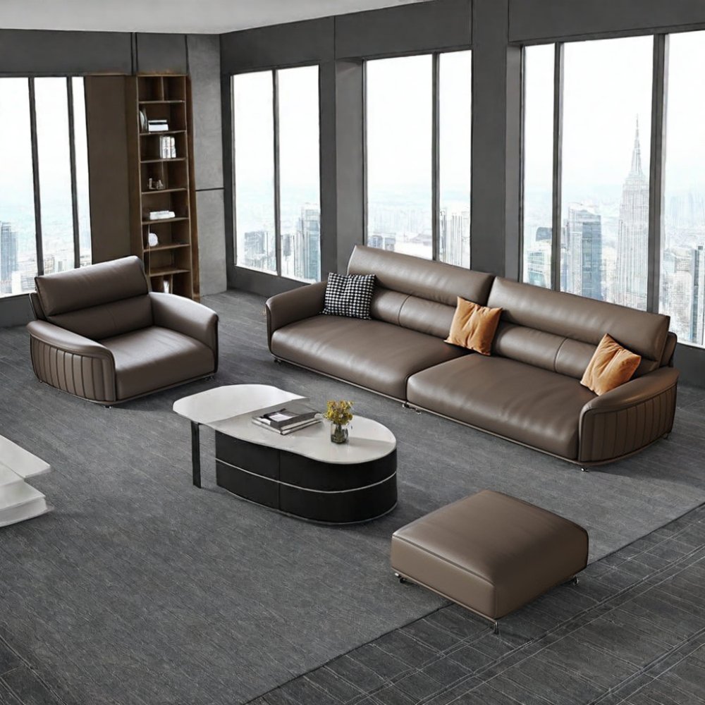 Italian Leather Minimalist Modern Office Sofa Three-Seater for Company Business or Villa Reception Leisure Use