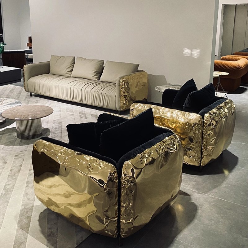 High-end luxury sectional sofa set furniture post-modern gold color armchairs pure copper living room sofas