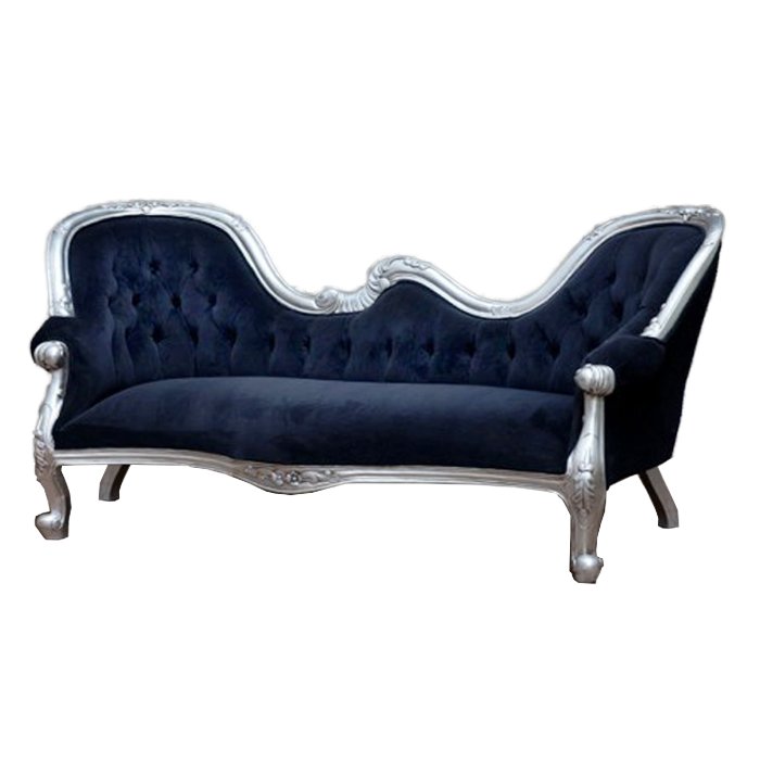 Solid Wood Mahogany Antique Carved French Style Chaise Lounge Sofa Silver Blue Velvet Tufted Living Room Furniture Wedding Event