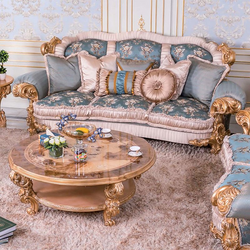 European classical style hand-carved antique solid wood three-person living room sofa corner featured leather material