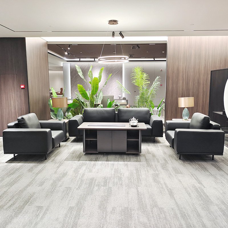 High-end Black Reception Office Sofa Executive Room Office 1+1+3 Set Sofa With Tea Table Office Boss Sofa Set