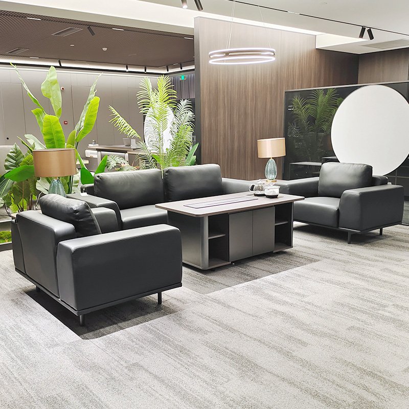 High-end Black Reception Office Sofa Executive Room Office 1+1+3 Set Sofa With Tea Table Office Boss Sofa Set
