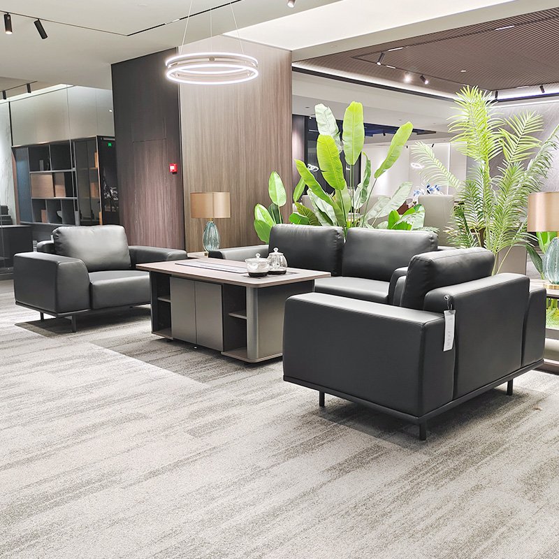 High-end Black Reception Office Sofa Executive Room Office 1+1+3 Set Sofa With Tea Table Office Boss Sofa Set