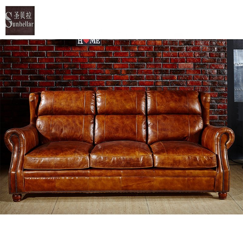 Handmade vintage brown beautiful French style luxury living room sofa leather 3 seat high back home hotel club villa house