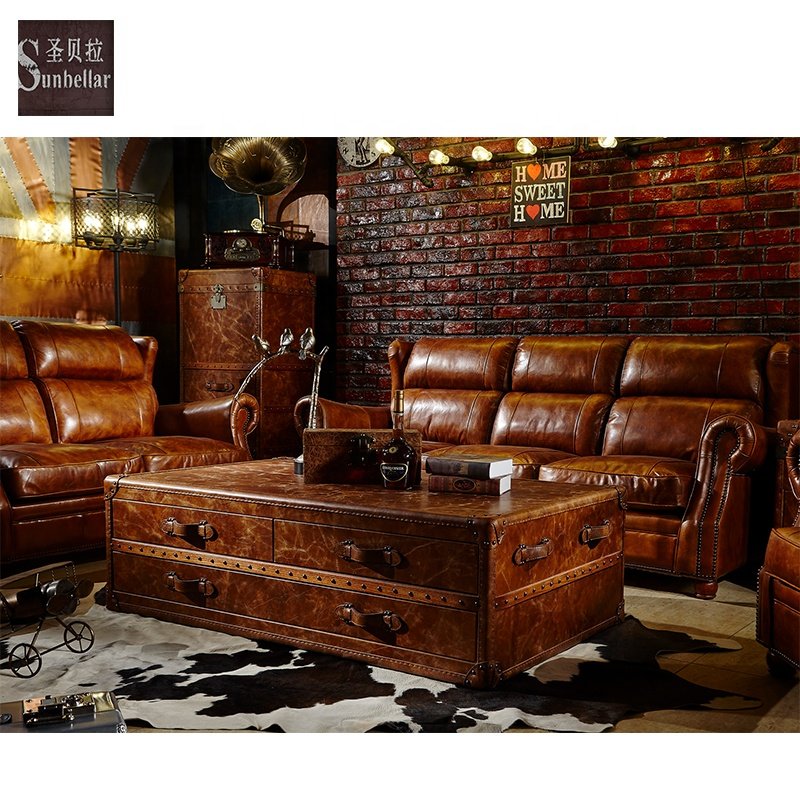 Handmade vintage brown beautiful French style luxury living room sofa leather 3 seat high back home hotel club villa house