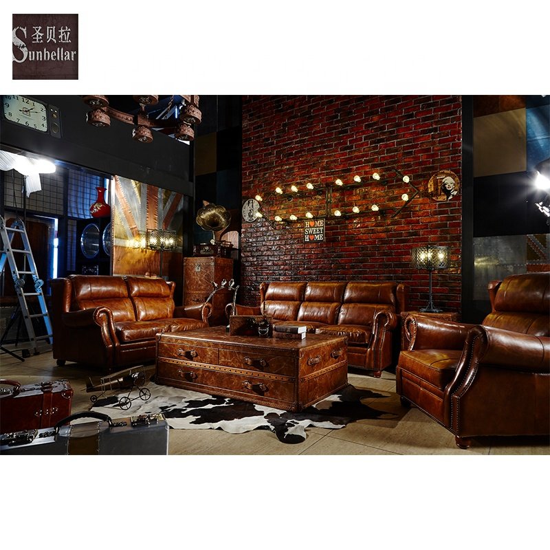 Handmade vintage brown beautiful French style luxury living room sofa leather 3 seat high back home hotel club villa house