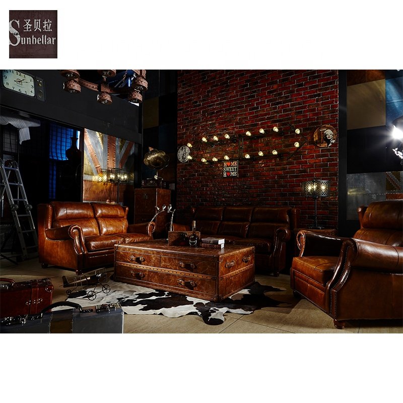Handmade vintage brown beautiful French style luxury living room sofa leather 3 seat high back home hotel club villa house