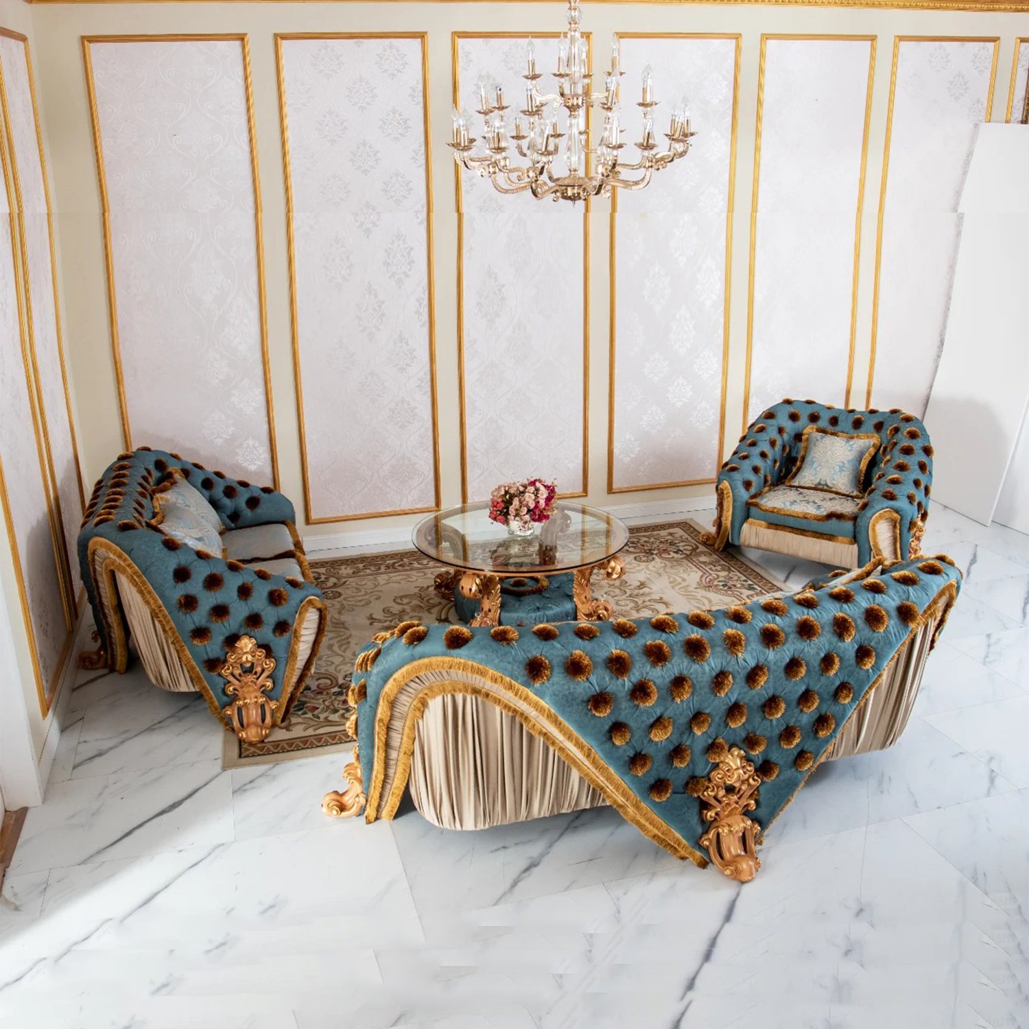 New Arrival Elegant Solid Wood Carvings Living Room Couch Sofa With Coffee Table Classical Luxury 1+2+3 Sectional Sofa Set