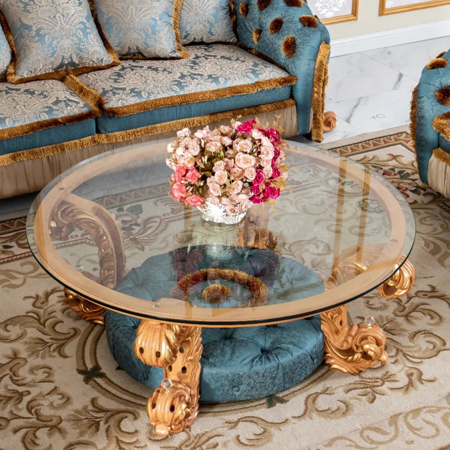 New Arrival Elegant Solid Wood Carvings Living Room Couch Sofa With Coffee Table Classical Luxury 1+2+3 Sectional Sofa Set