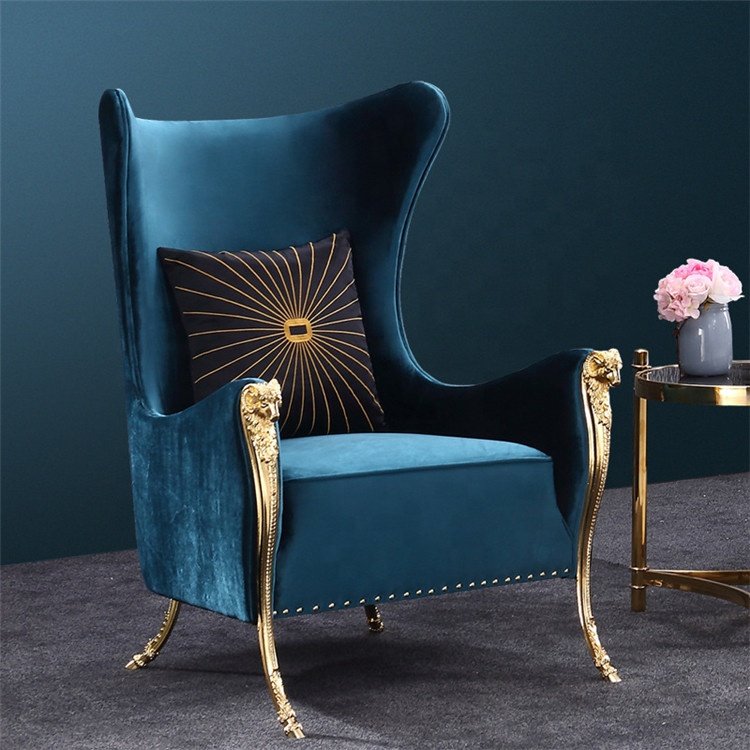 Noble Design Single Sofa Chair Rams Head Decor Pure Copper High Back Chrome Gold Finish Genuine Leather Wood Home Furniture