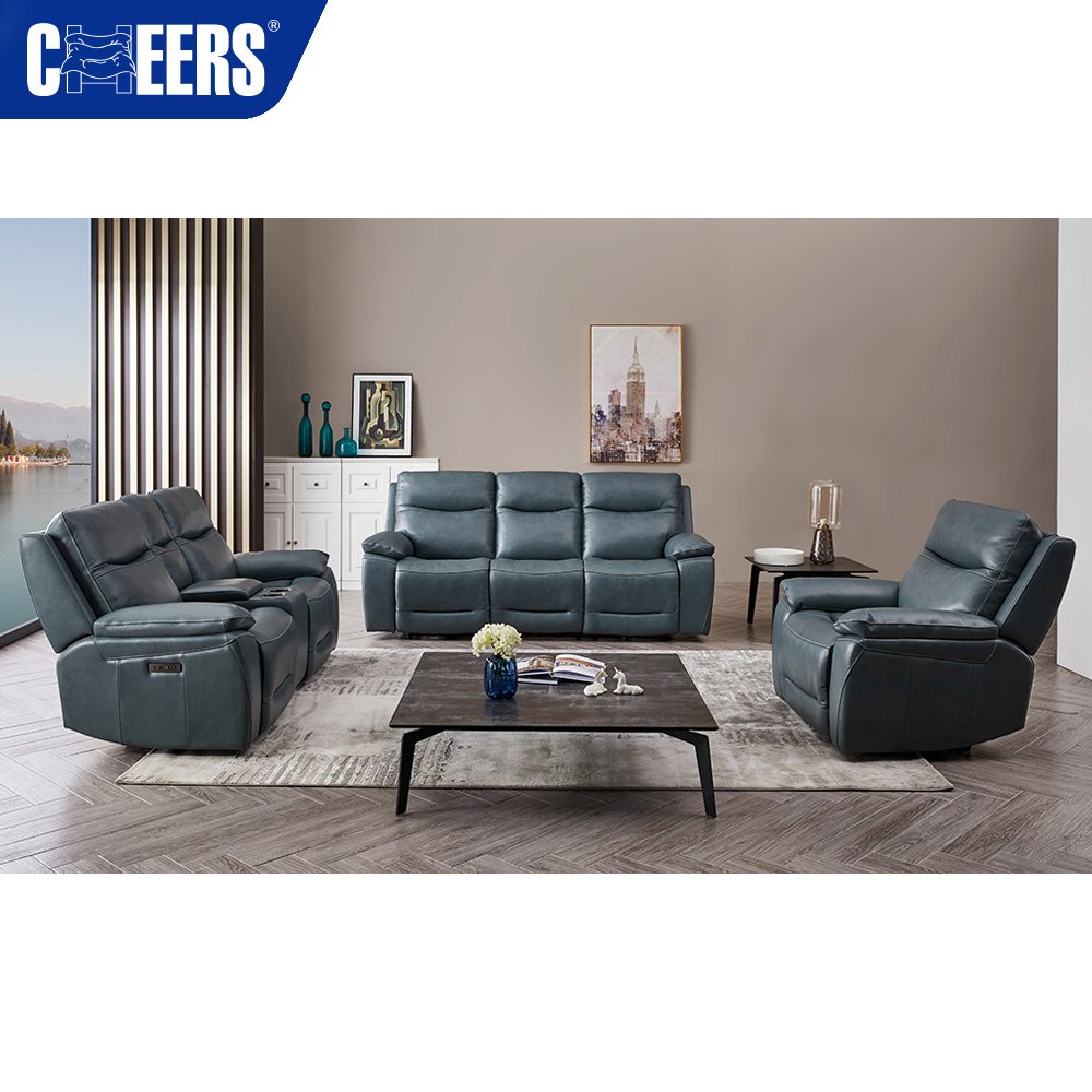 MANWAH CHEERS 3 2 1 Seat Genuine Leather Modular Electric Reclining Living Room Sofa Set with 2 Cup Holder and Storage