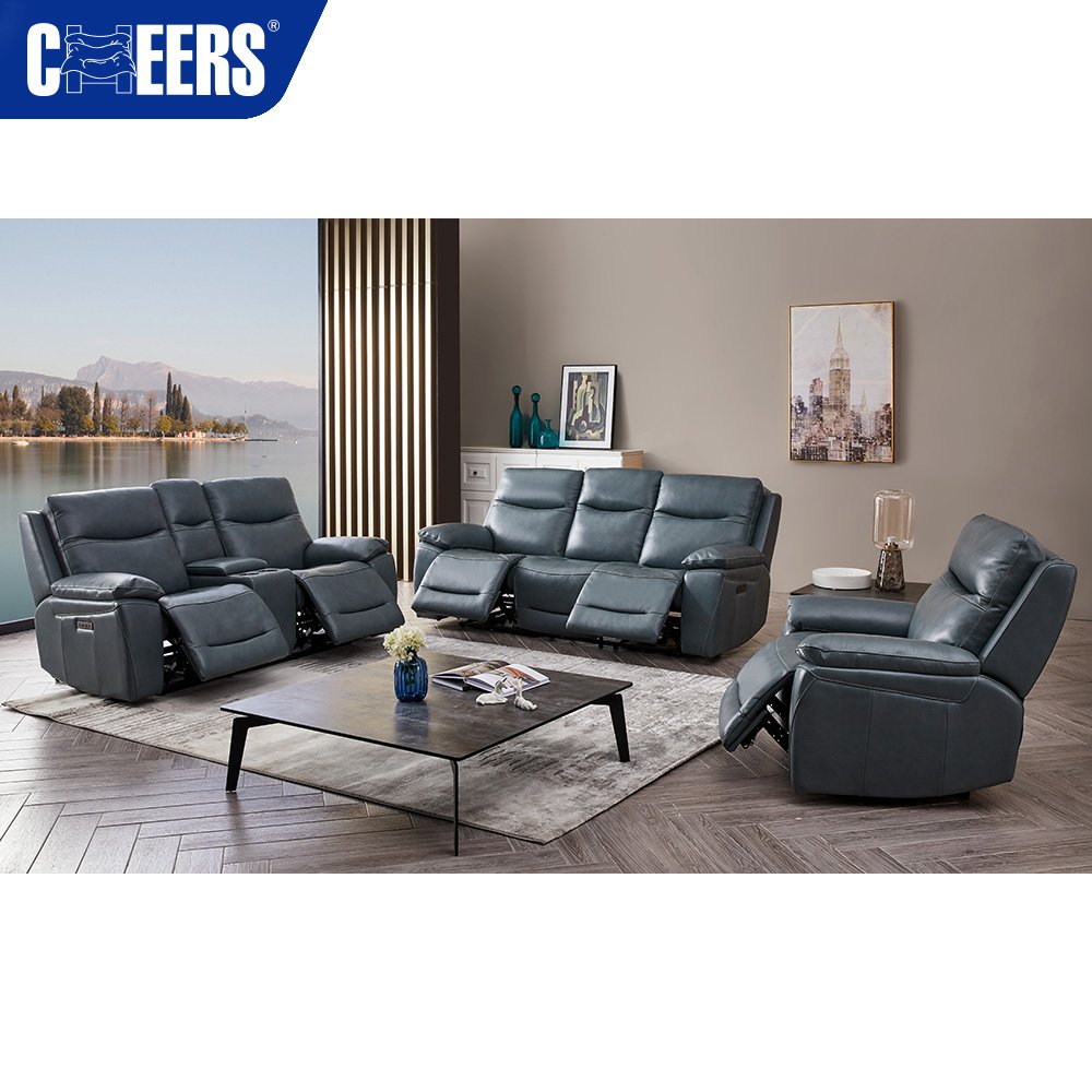 MANWAH CHEERS 3 2 1 Seat Genuine Leather Modular Electric Reclining Living Room Sofa Set with 2 Cup Holder and Storage