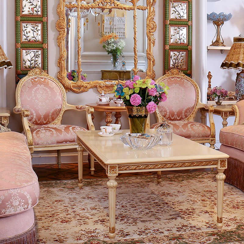 Luxury French Palace Wooden Carved living room sofas 1+1+2+3 classical pink fabric sofa set