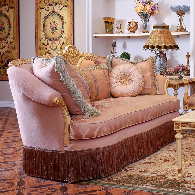 Luxury French Palace Wooden Carved living room sofas 1+1+2+3 classical pink fabric sofa set
