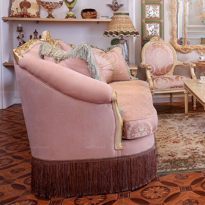 Luxury French Palace Wooden Carved living room sofas 1+1+2+3 classical pink fabric sofa set