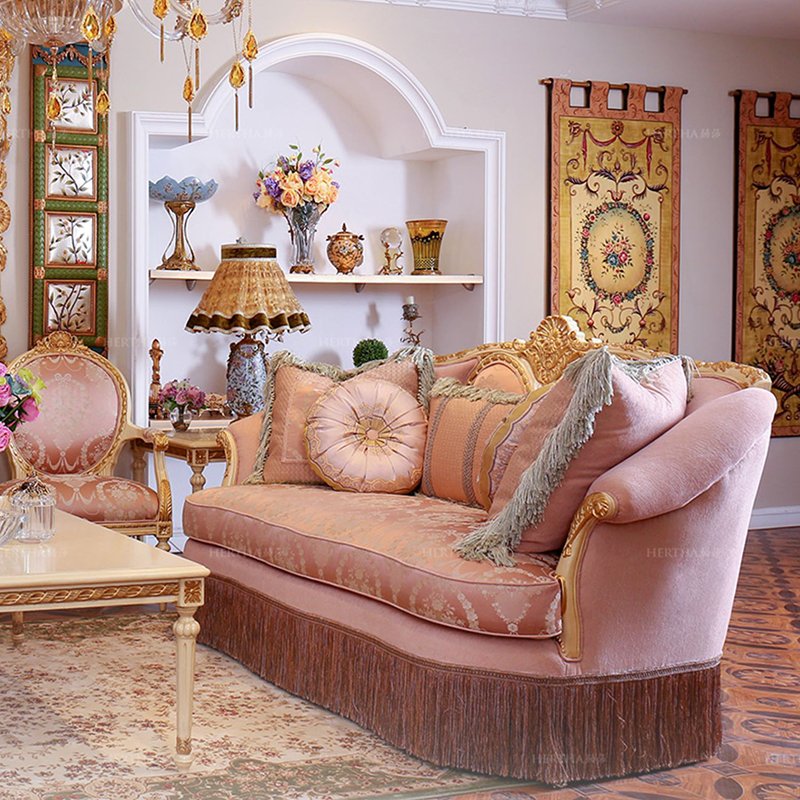 Luxury French Palace Wooden Carved living room sofas 1+1+2+3 classical pink fabric sofa set