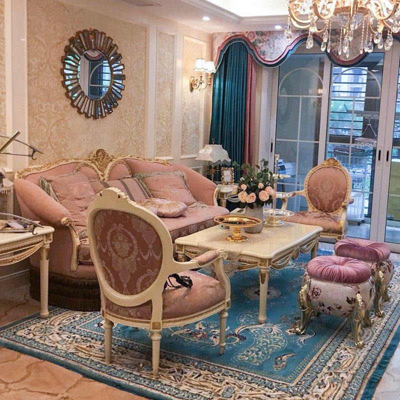 Luxury French Palace Wooden Carved living room sofas 1+1+2+3 classical pink fabric sofa set