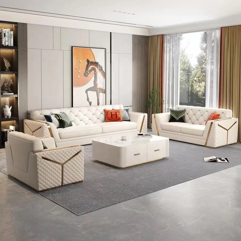 Luxury Leather Sofa Modern American Pull Button Sofa Combination Living Room Villa Stainless Steel Armrest Sofa Set