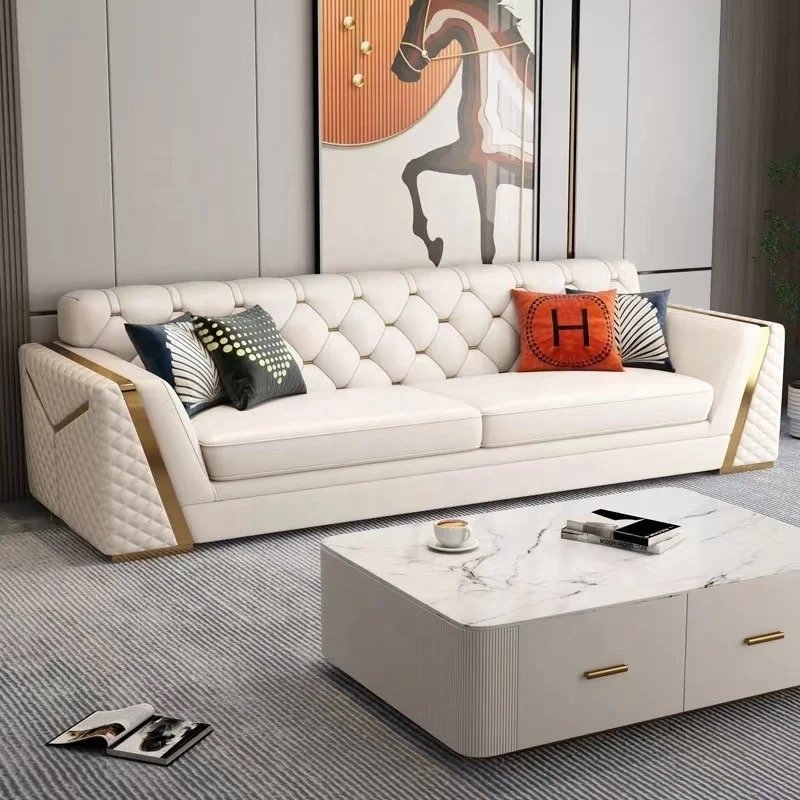 Luxury Leather Sofa Modern American Pull Button Sofa Combination Living Room Villa Stainless Steel Armrest Sofa Set