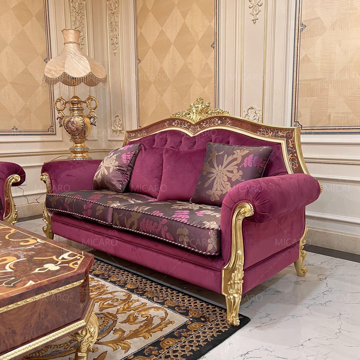 Italian European classic luxury new design home furniture wood carved velvet fabric living room sofa set