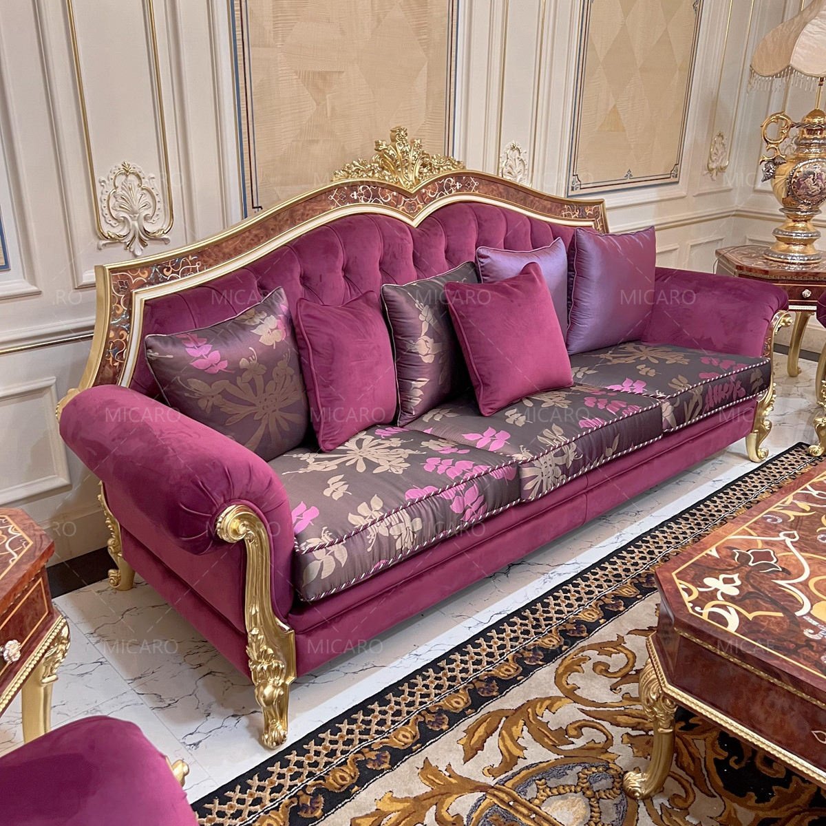 Italian European classic luxury new design home furniture wood carved velvet fabric living room sofa set
