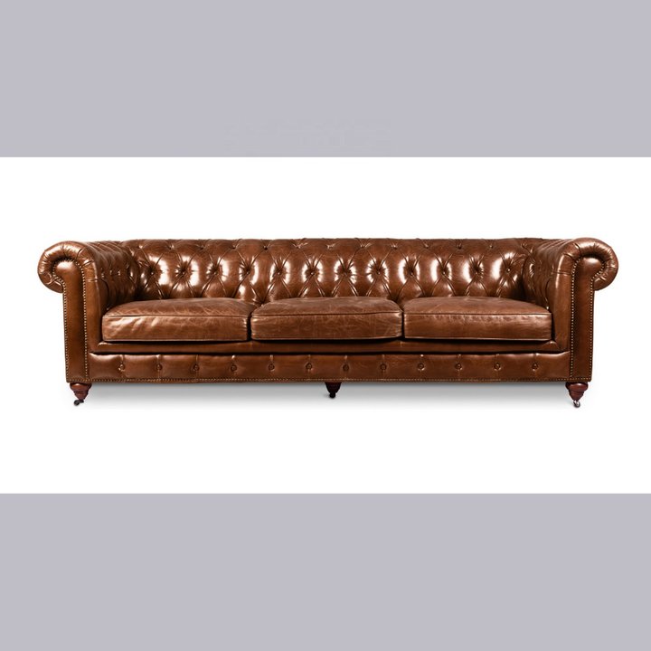 Retro genuine leather 100% Real Leather Couch Living Room Three Seater Sofa for Genuine Leather Chesterfield Sofa Set