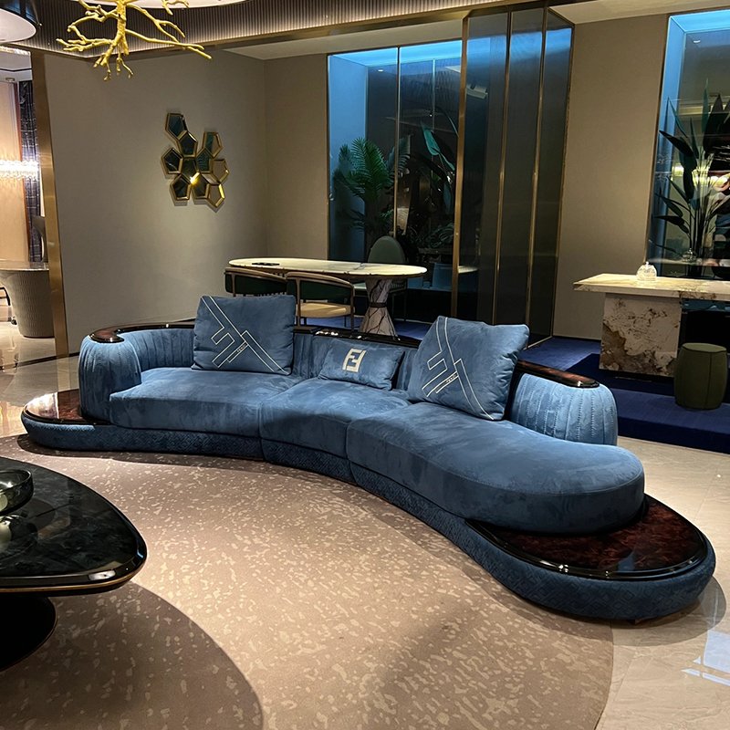 High-end living room sofa set furniture luxury modern blue velvet curved sofas