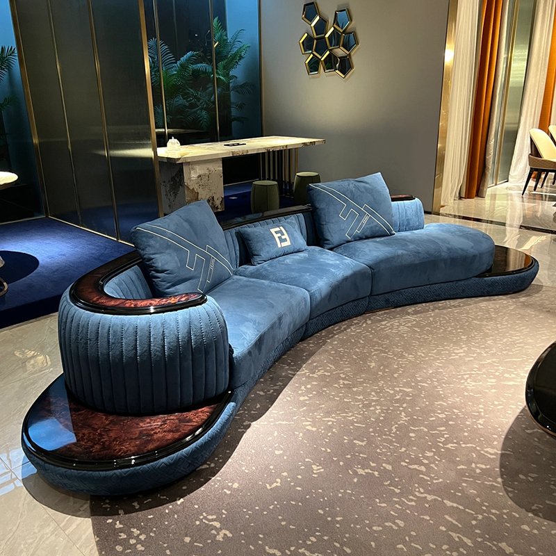 High-end living room sofa set furniture luxury modern blue velvet curved sofas