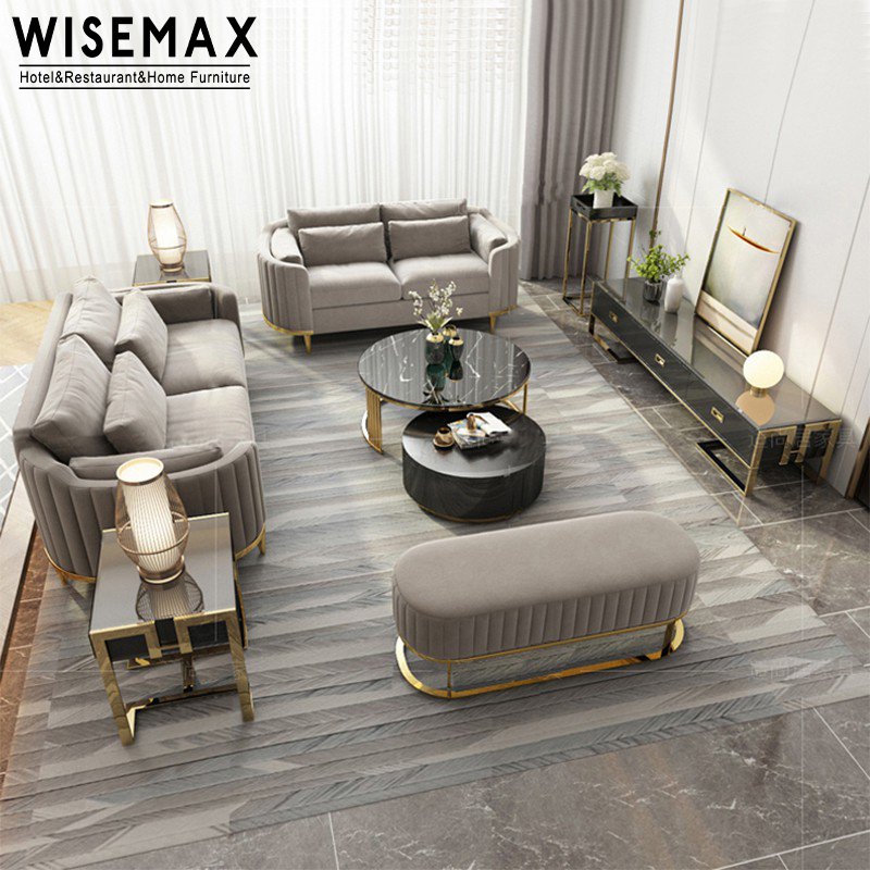 WISEMAX FURNITURE living room furniture sofas fabric gold metal legs velvet fabric sectional chesterfield sofa set furniture