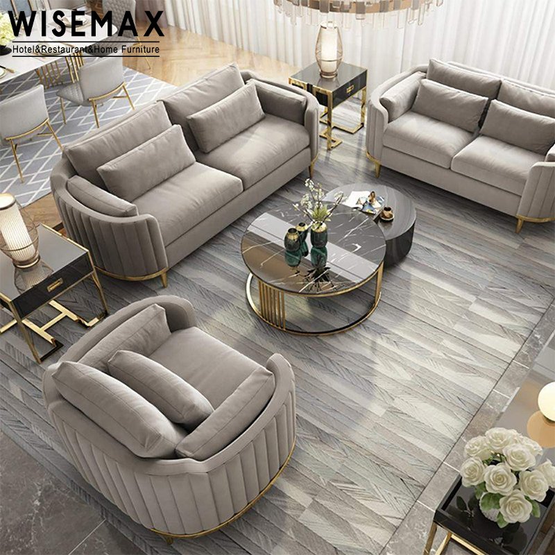 WISEMAX FURNITURE living room furniture sofas fabric gold metal legs velvet fabric sectional chesterfield sofa set furniture