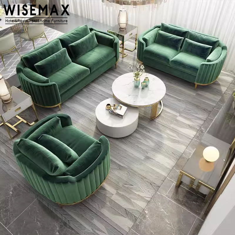 WISEMAX FURNITURE living room furniture sofas fabric gold metal legs velvet fabric sectional chesterfield sofa set furniture