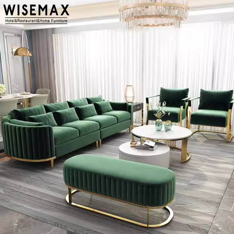 WISEMAX FURNITURE living room furniture sofas fabric gold metal legs velvet fabric sectional chesterfield sofa set furniture