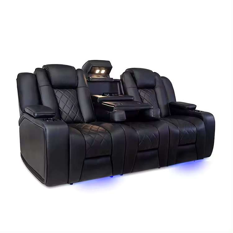 New Design Modern Custom Villa Upholstered Black Loveseat Two Seater Cinema Home Theatre Leather Recliner Sofa