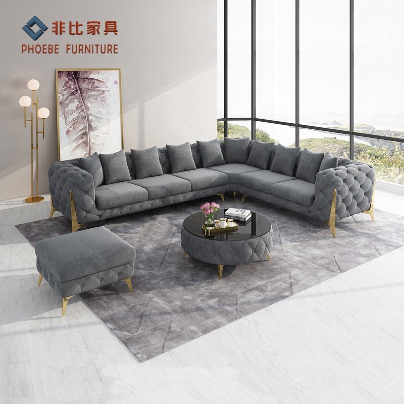 L shape chesterfield pink reclining velvet couches with coffee table and foot stool
