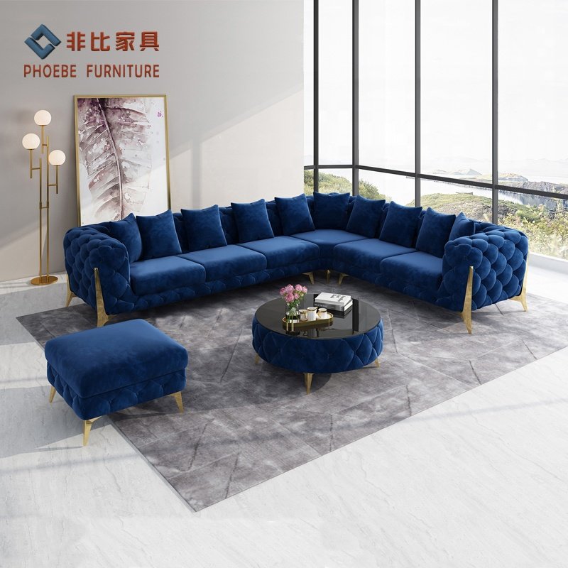 L shape chesterfield pink reclining velvet couches with coffee table and foot stool