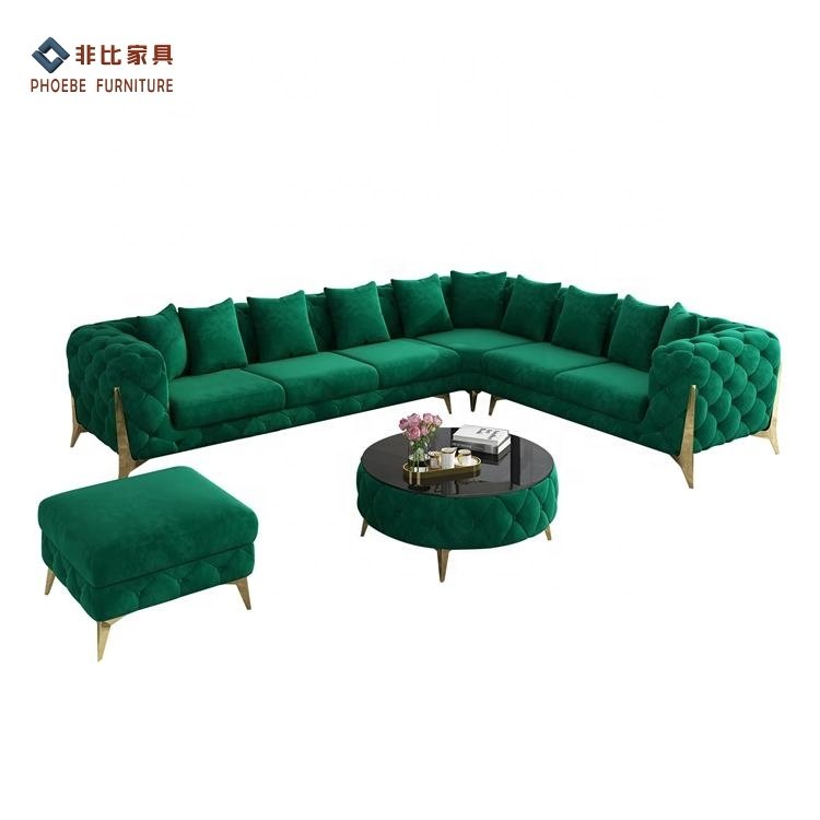L shape chesterfield pink reclining velvet couches with coffee table and foot stool