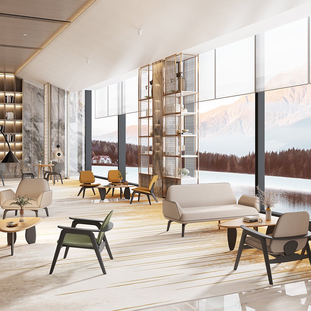 hotel room single seater sofa chair Modern Lobby Chair Office Reception Sofa White Office Yellow Sofa chair with wooden legs