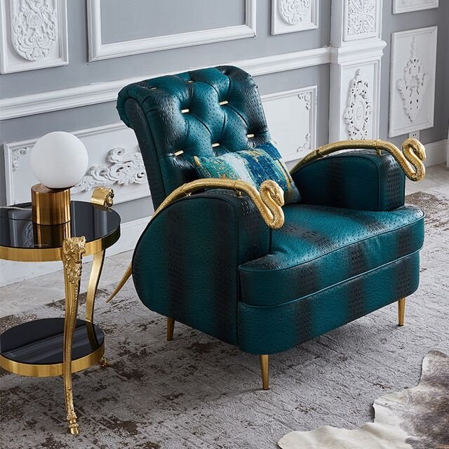 Italy Single Sofa Chair with Snake Armrest Royal Luxury Living Room Furniture Pure Copper Wood Legs Velvet Set Dining Home Use
