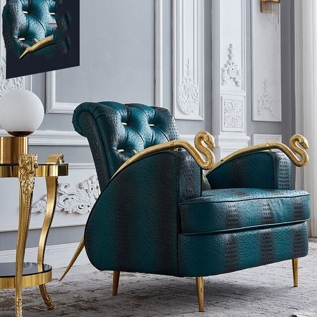 Italy Single Sofa Chair with Snake Armrest Royal Luxury Living Room Furniture Pure Copper Wood Legs Velvet Set Dining Home Use