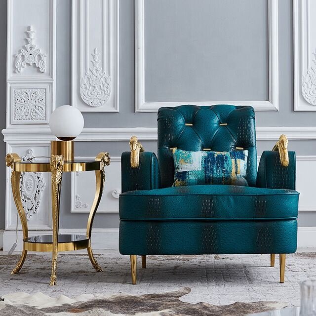 Italy Single Sofa Chair with Snake Armrest Royal Luxury Living Room Furniture Pure Copper Wood Legs Velvet Set Dining Home Use