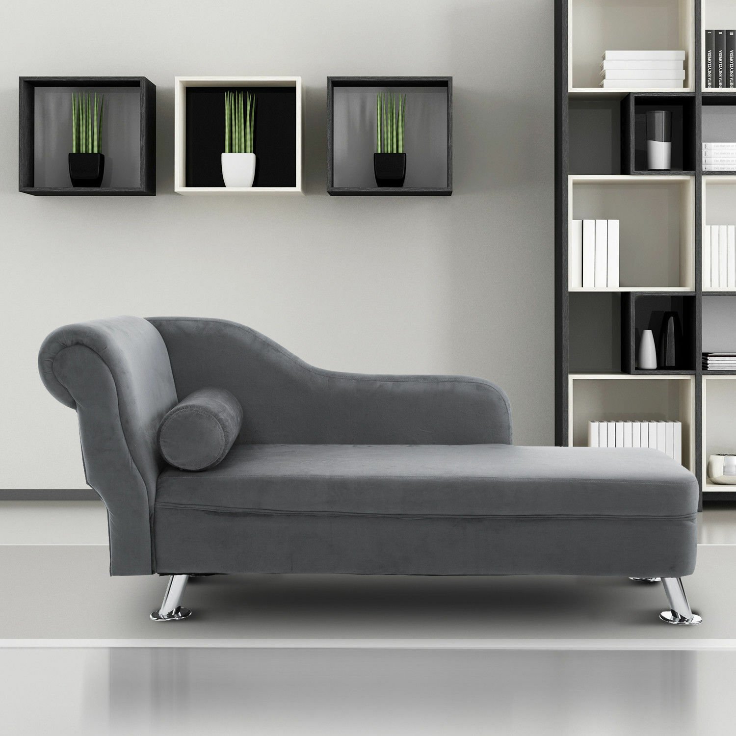 Fashion Durable Plush Cloth Upholstered Chaise Longue Sofa w/ Bolster Cushion Grey