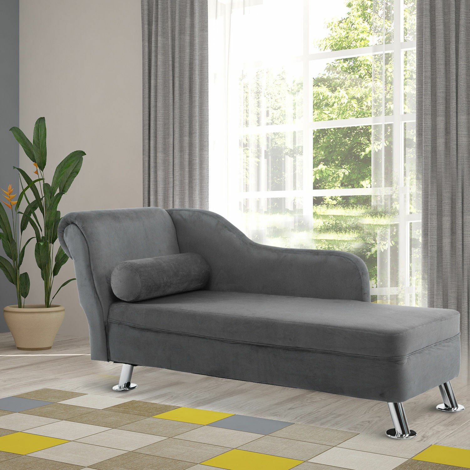 Fashion Durable Plush Cloth Upholstered Chaise Longue Sofa w/ Bolster Cushion Grey