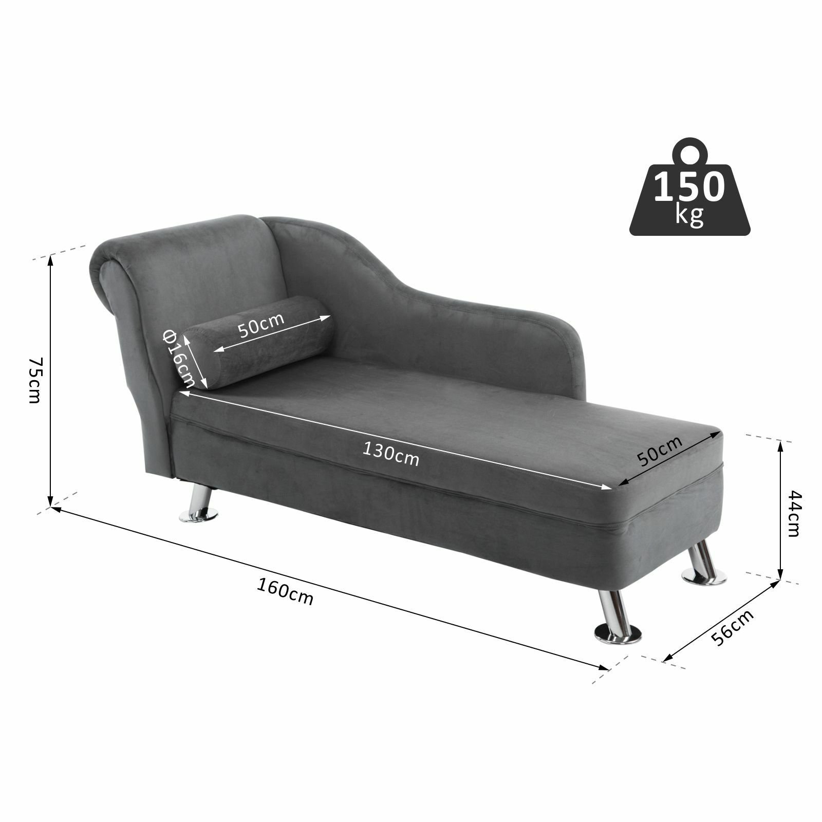 Fashion Durable Plush Cloth Upholstered Chaise Longue Sofa w/ Bolster Cushion Grey