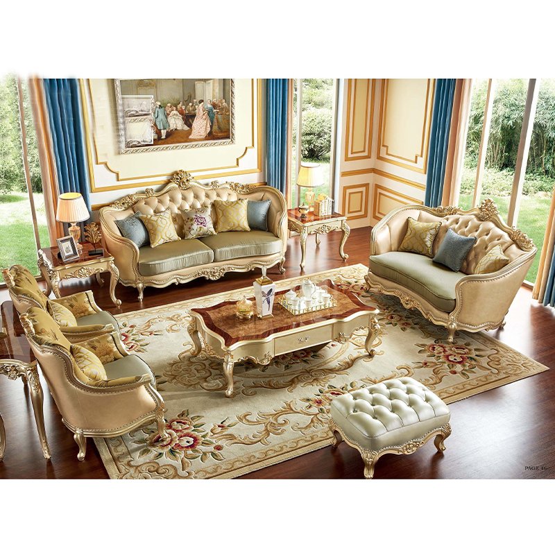 Luxury European Design French style sofa sets Living Room Sofa carving Wood Frame Leather