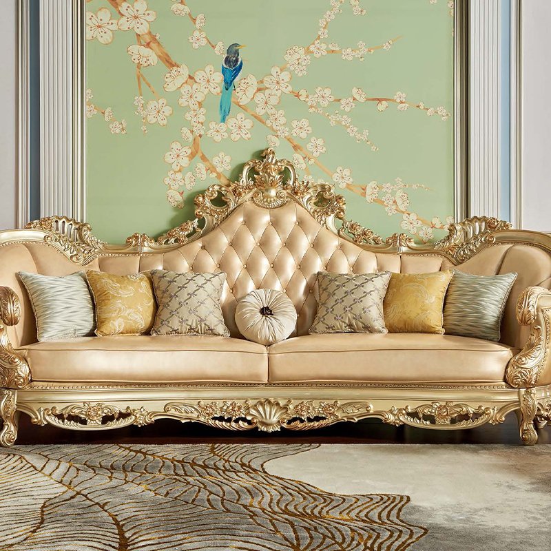 Luxury European Design French style sofa sets Living Room Sofa carving Wood Frame Leather