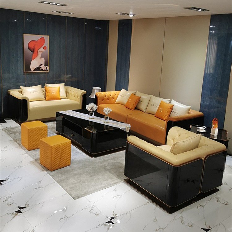 Modern stainless steel button chesterfield sofa italian light luxury sectional genuine leather art 3 piece sofa set living room